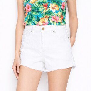 DL1961 Cleo Glorious White High-Rise Frayed Hem Cotton Denim Shorts Womens 34